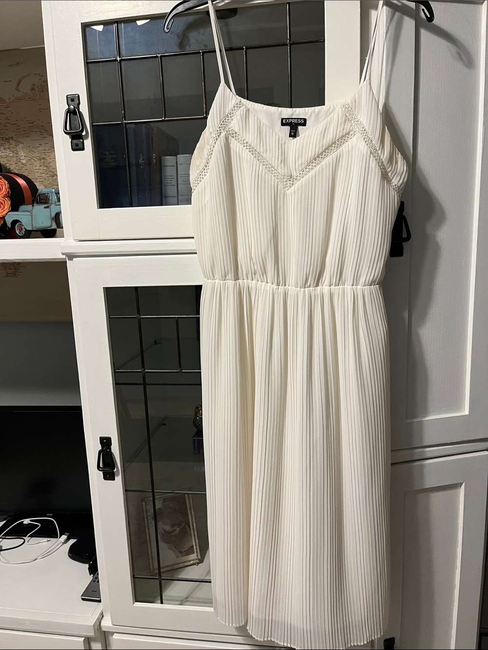 Express Ivory Pleated Midi Dress with Spaghetti Straps